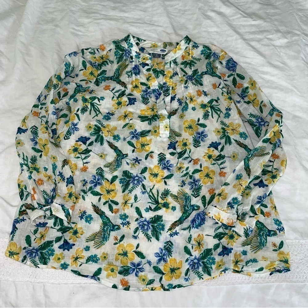 Old Navy MEDIUM The Tunic Shirt Linen blend Hummingbirds Floral green yellow